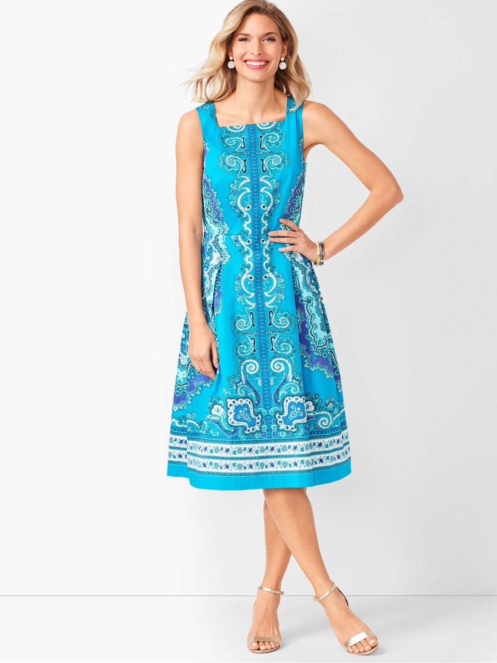 RSVP Talbots blue teal Medallion Sateen fit & flare midi paisley summer Dress 8P